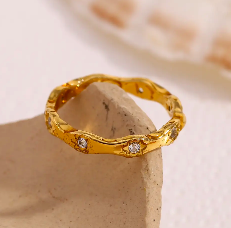 Starry Nights - Textured Gold Ring & Gem Stones