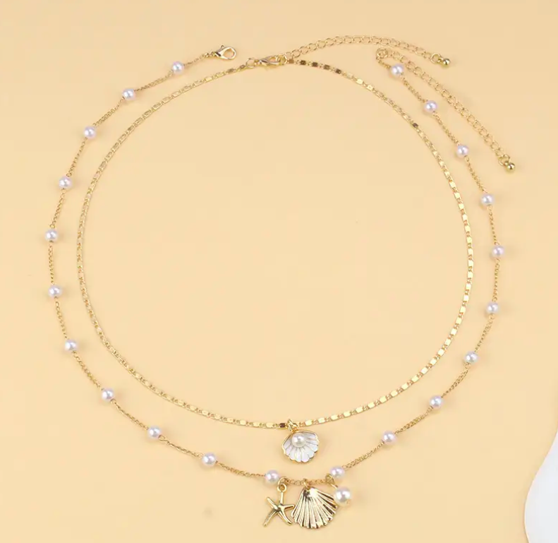 Layered Necklace Set: Seashells & Pearls