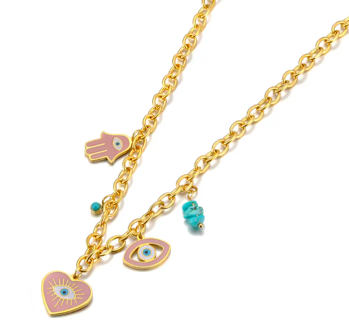 Pink & Turquoise Evil Eye Charm Necklace
