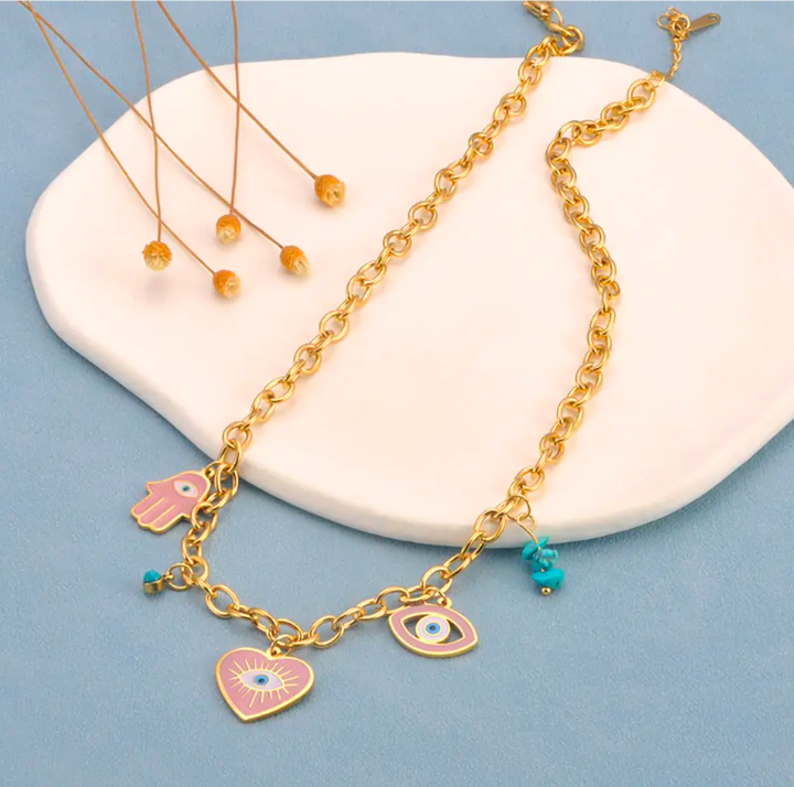 Pink & Turquoise Evil Eye Charm Necklace