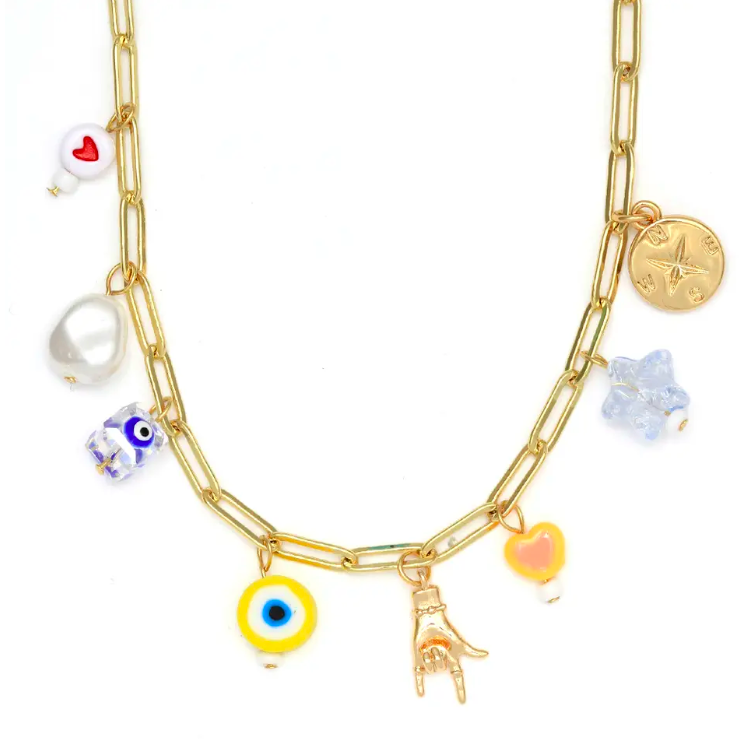 Chunky Chain Charm Necklace: Evil Eye & Hamsa Hand