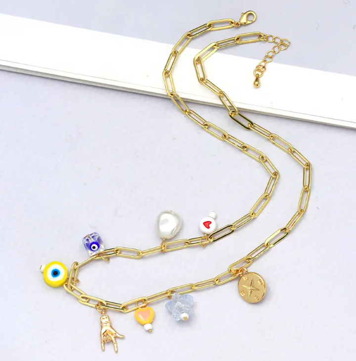 Chunky Chain Charm Necklace: Evil Eye & Hamsa Hand