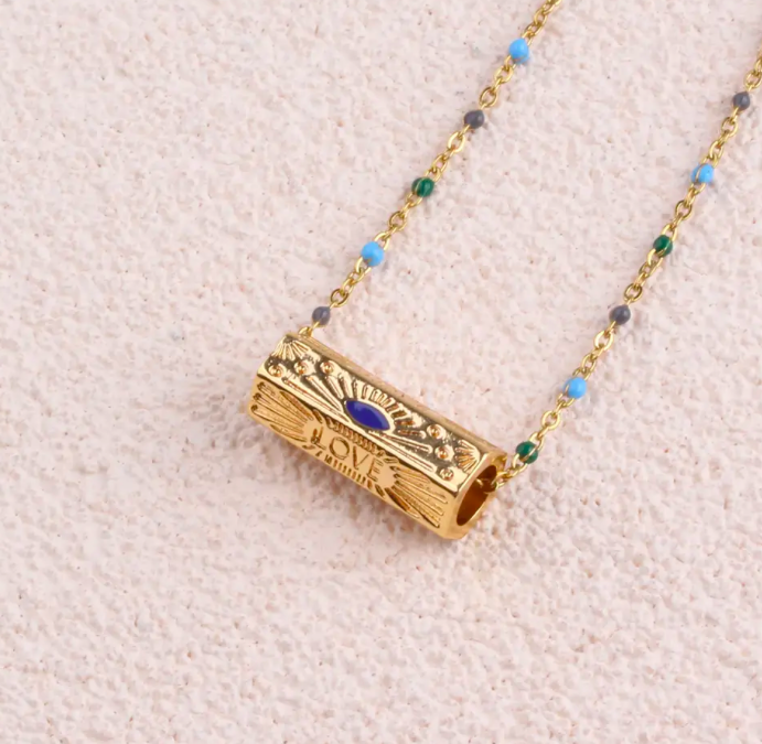 Goddess of Love - Beaded Evil Eye Cylindrical Charm Necklace