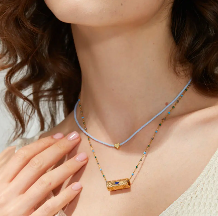 Goddess of Love - Beaded Evil Eye Cylindrical Charm Necklace