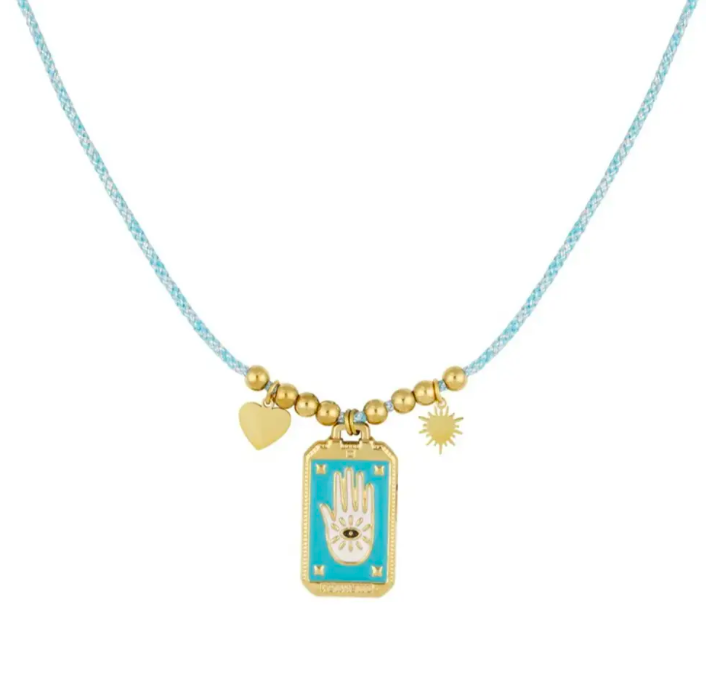 Blue Enamel Token Hamsa Hand Pendant