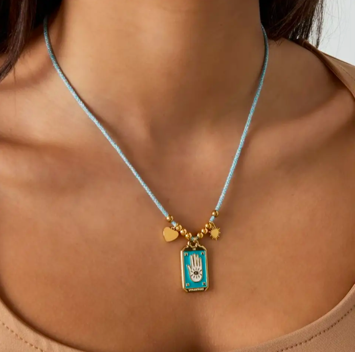 Blue Enamel Token Hamsa Hand Pendant