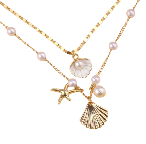 Layered Necklace Set: Seashells & Pearls