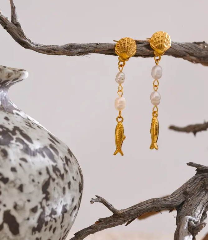 Seashell, Fish & Pearl Drop Earrings