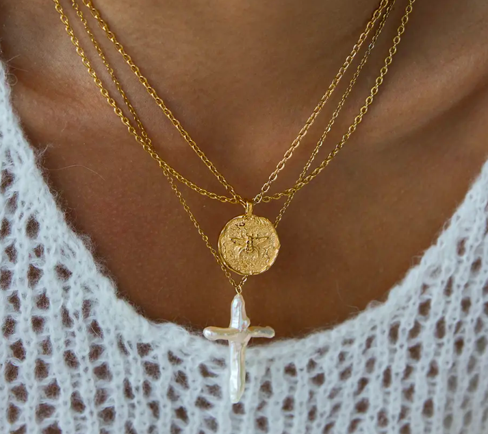 Pearl Cross and Bee Coin Necklace Set