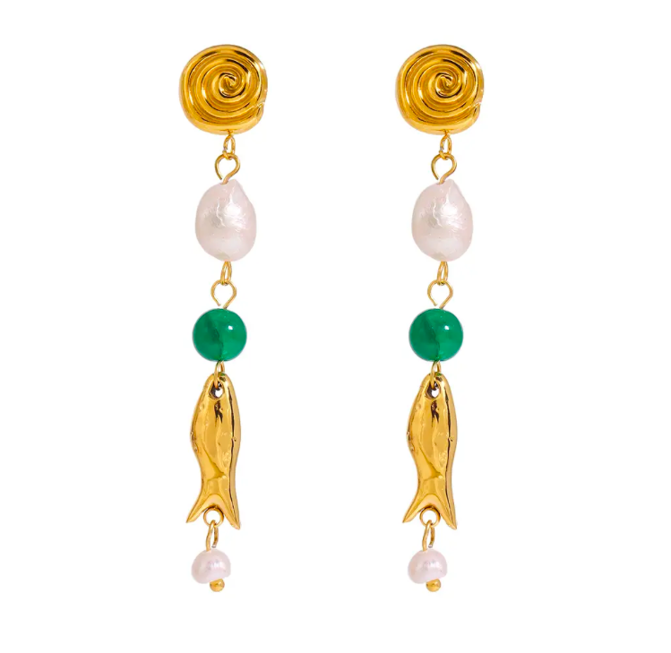 Fish & Pearl Drop Earrings