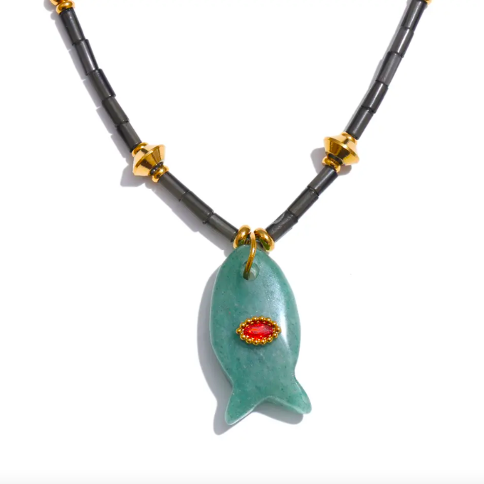 Aventurine Beaded "Lucky" Fish Necklace