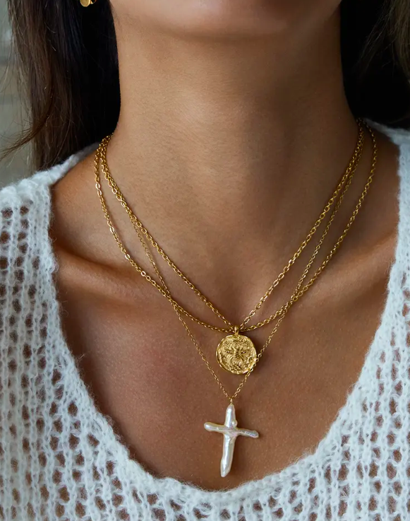 Pearl Cross and Bee Coin Necklace Set