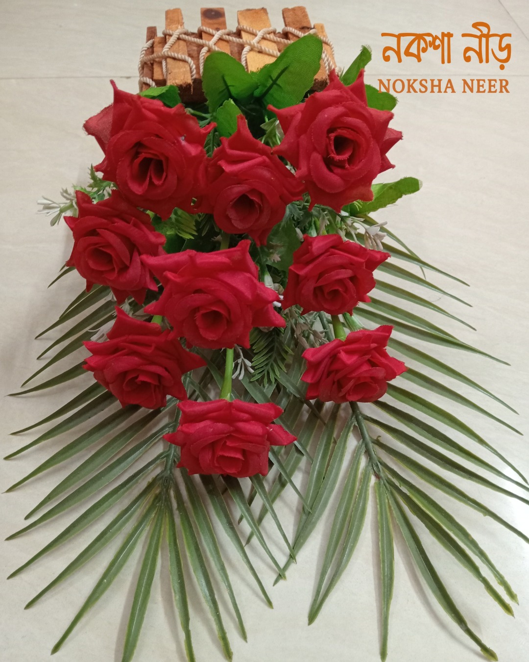 Handcrafted Wooden Flower Basket with Artificial Roses | ফ্লাওয়ার ডেকর