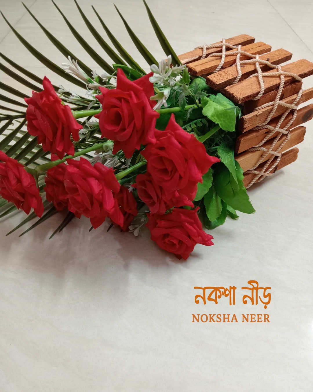 Handcrafted Wooden Flower Basket with Artificial Roses | ফ্লাওয়ার ডেকর