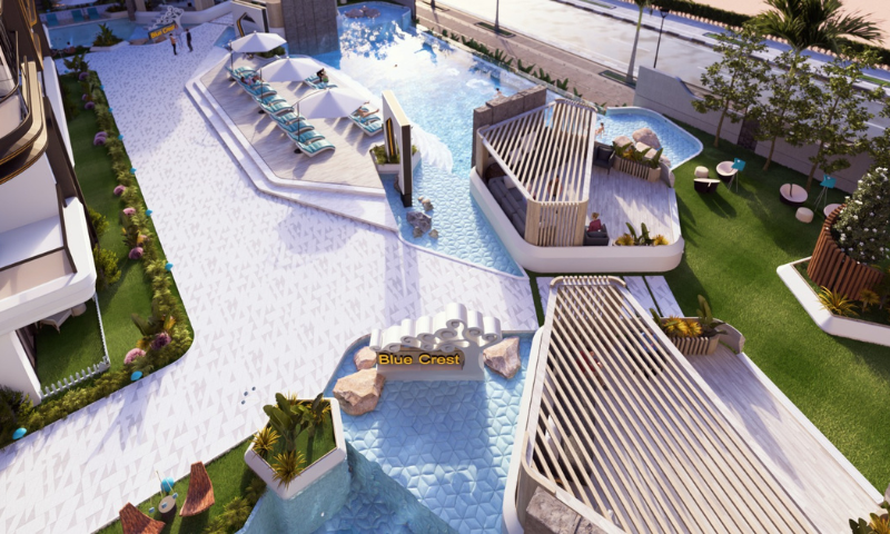 Exclusive Blue Crest Living: Modern 1-Bedroom Pool-View Unit