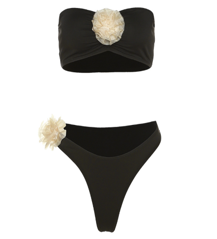 Bikini GIMAR Negro Strapless con Flores 3D – Elegancia Minimalista
