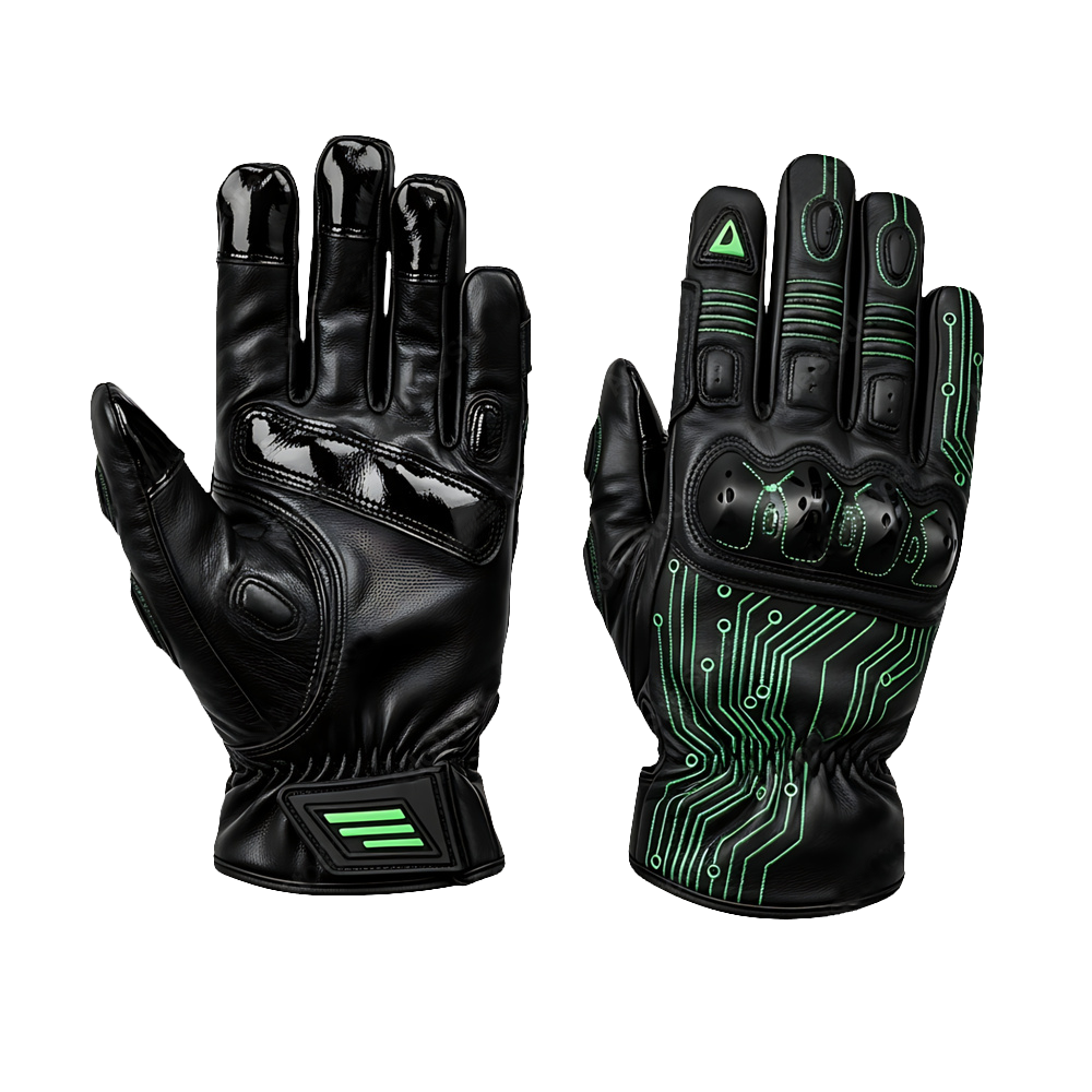 Futuristic Black Circuit Motorcycle Gloves
