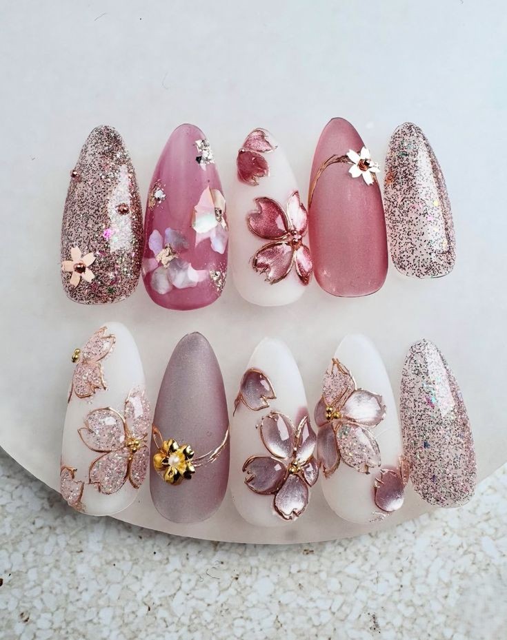Floral Glitter Press-On Nails