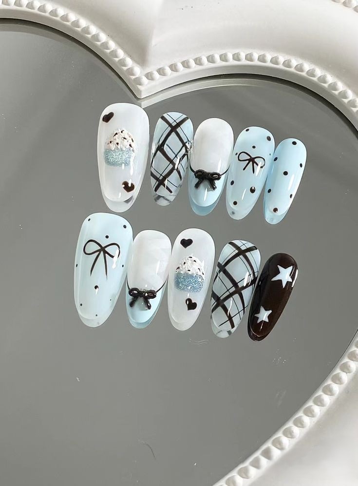 Blue and White Cute Press-On Nails