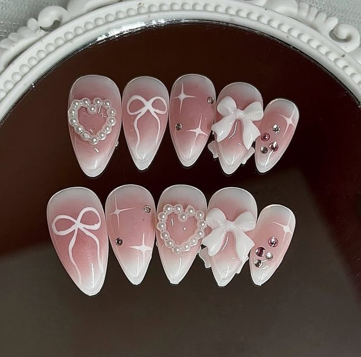 Pink Bow and Pearl Press-On