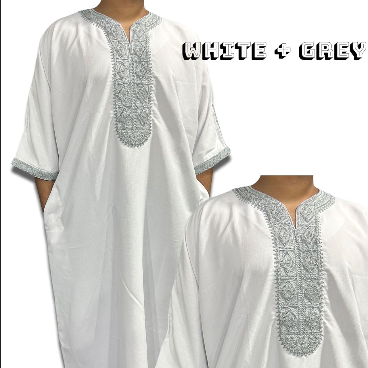 Moroccon Thobe - White and Grey Embroidered Kaftan