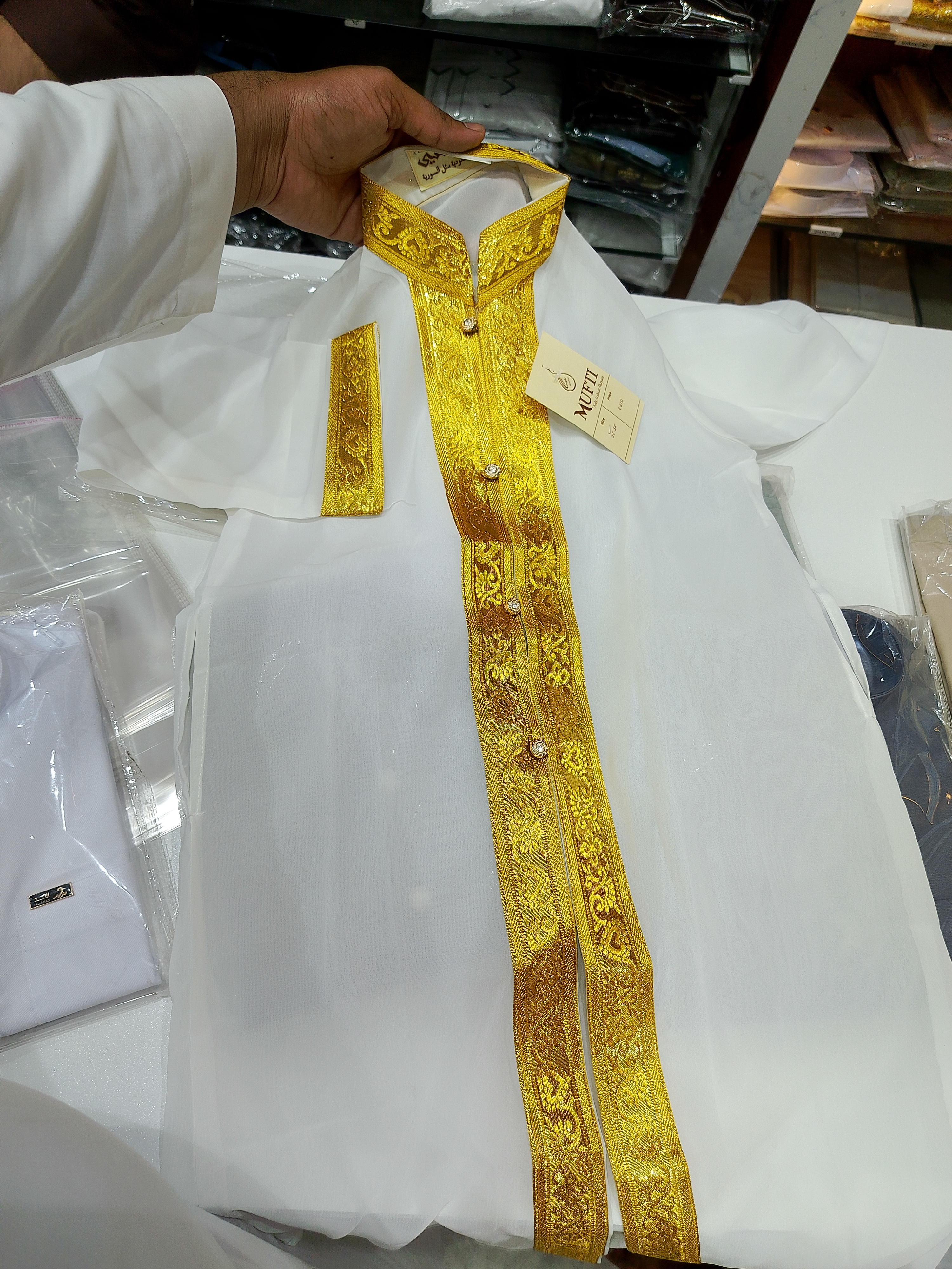 Kid’s White Arabic Bisht - Golden Embroidery
