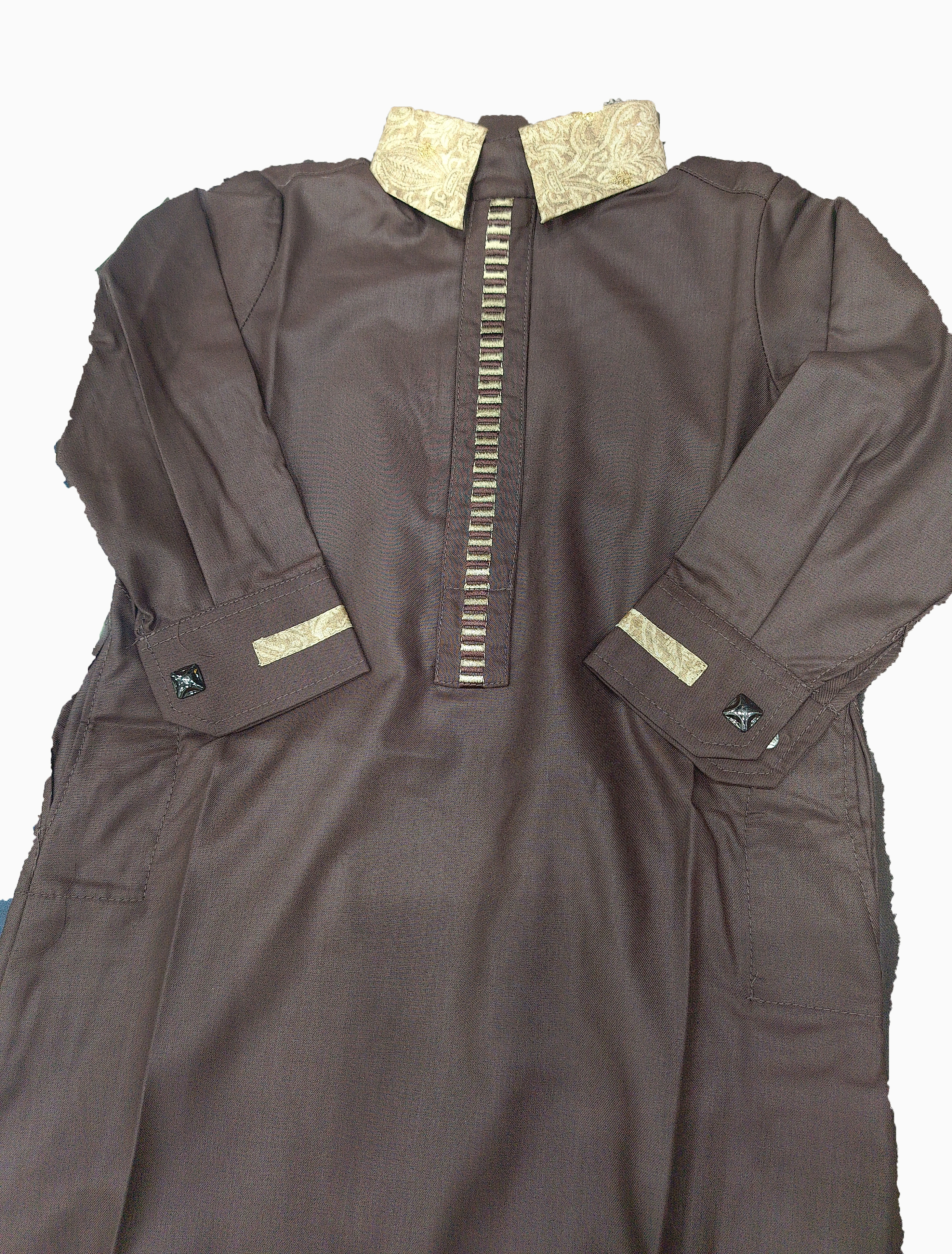 Kid's Saudi Thobe with embroidery - Chocolate Brown & Gold