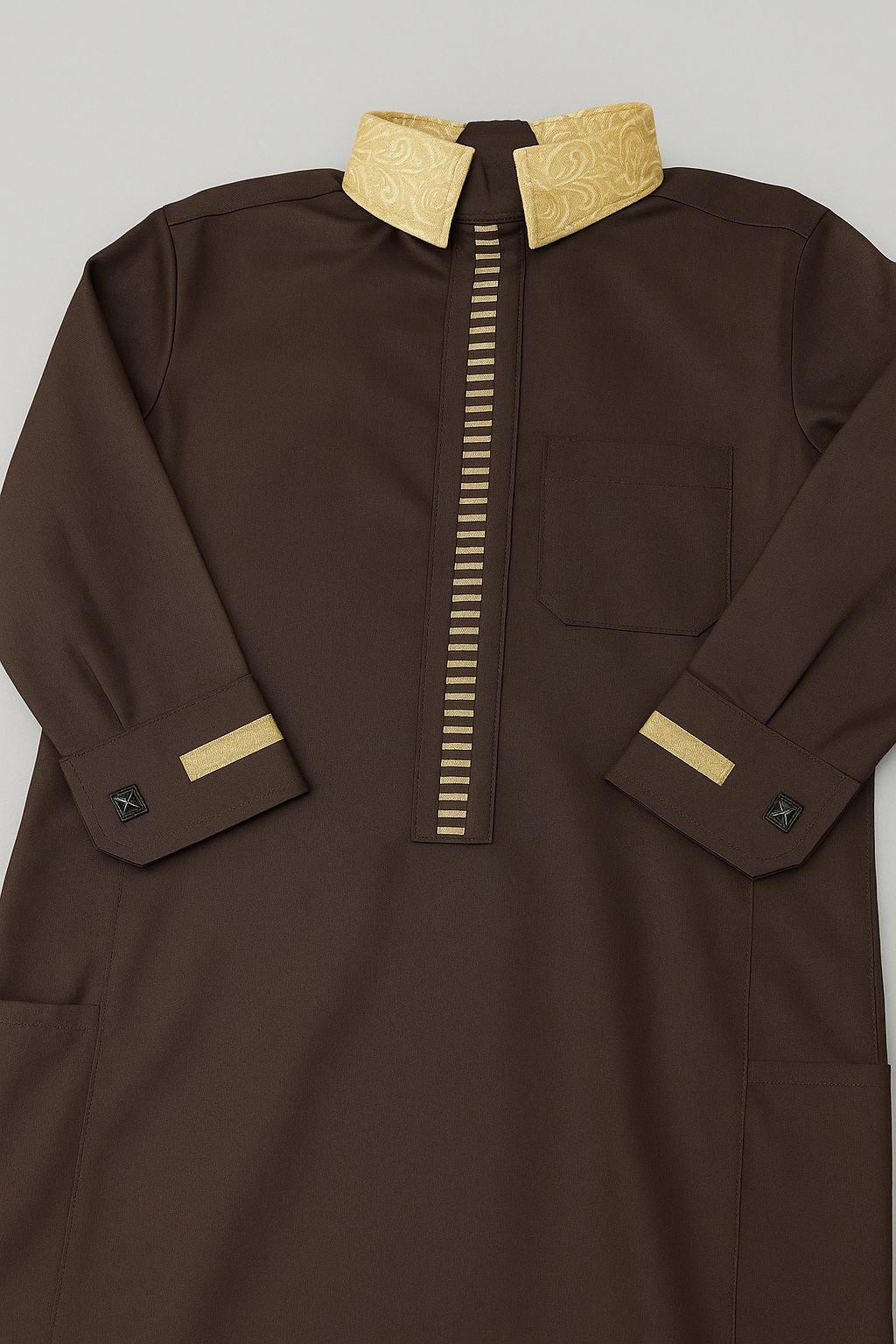 Kid's Saudi Thobe with embroidery - Chocolate Brown & Gold