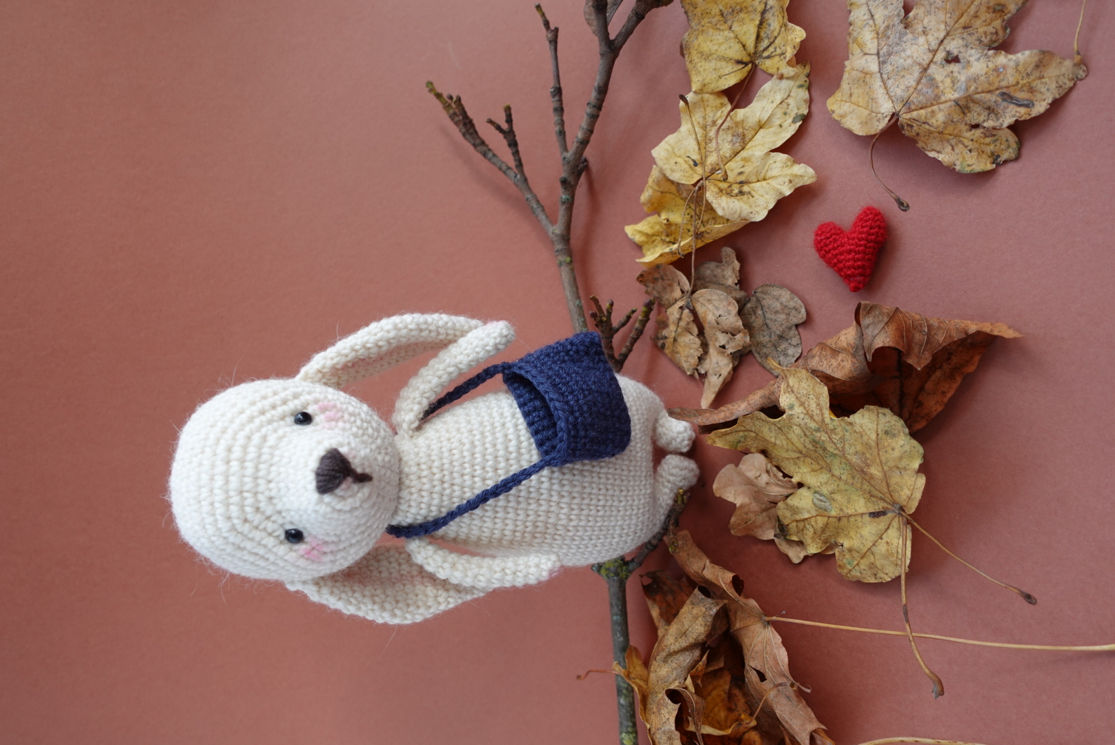 Handmade Crochet Bunny Toy with its Bag and a Red Heart