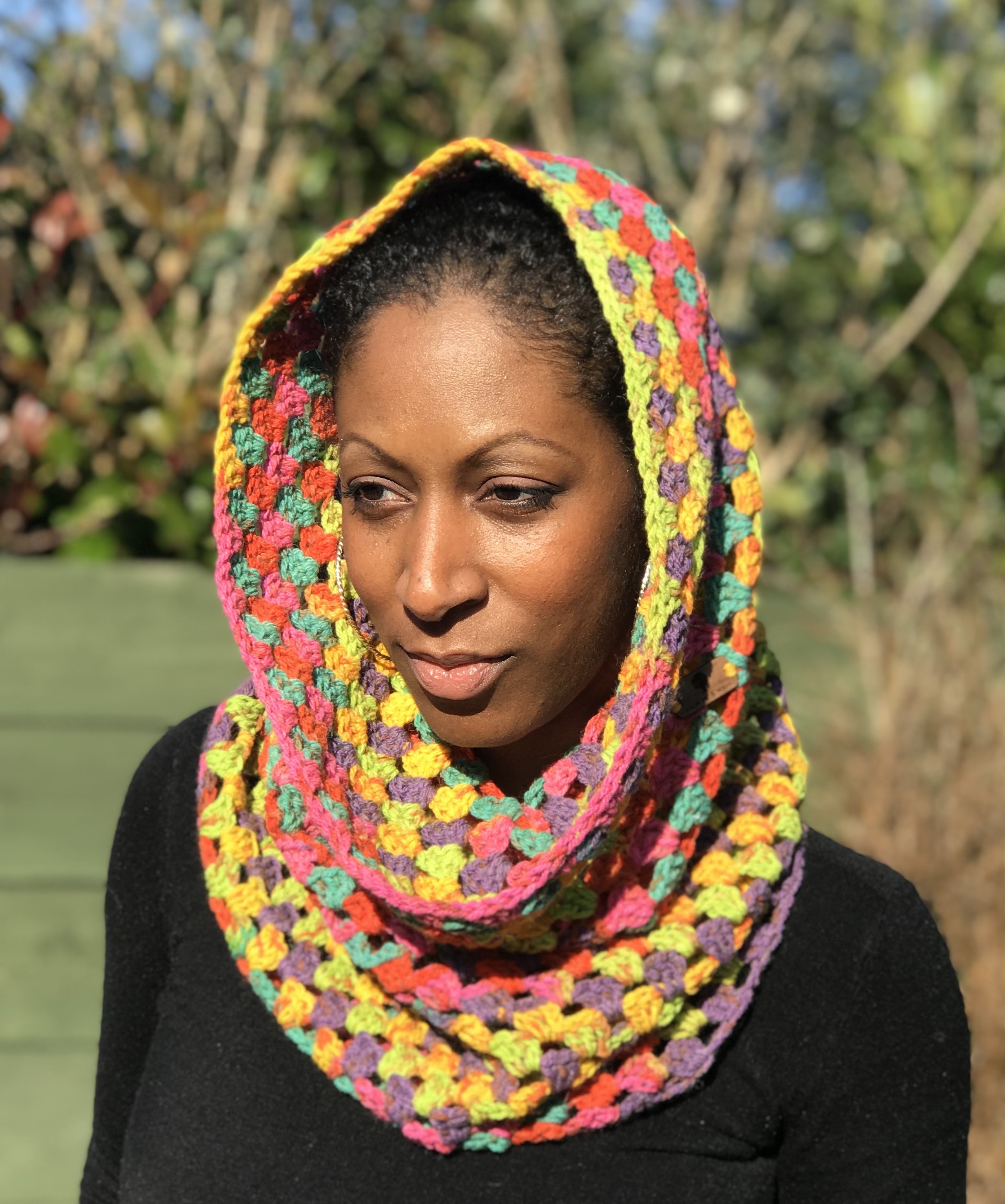 Colourful Crochet Hooded Scarf in Blended Wool and Cotton