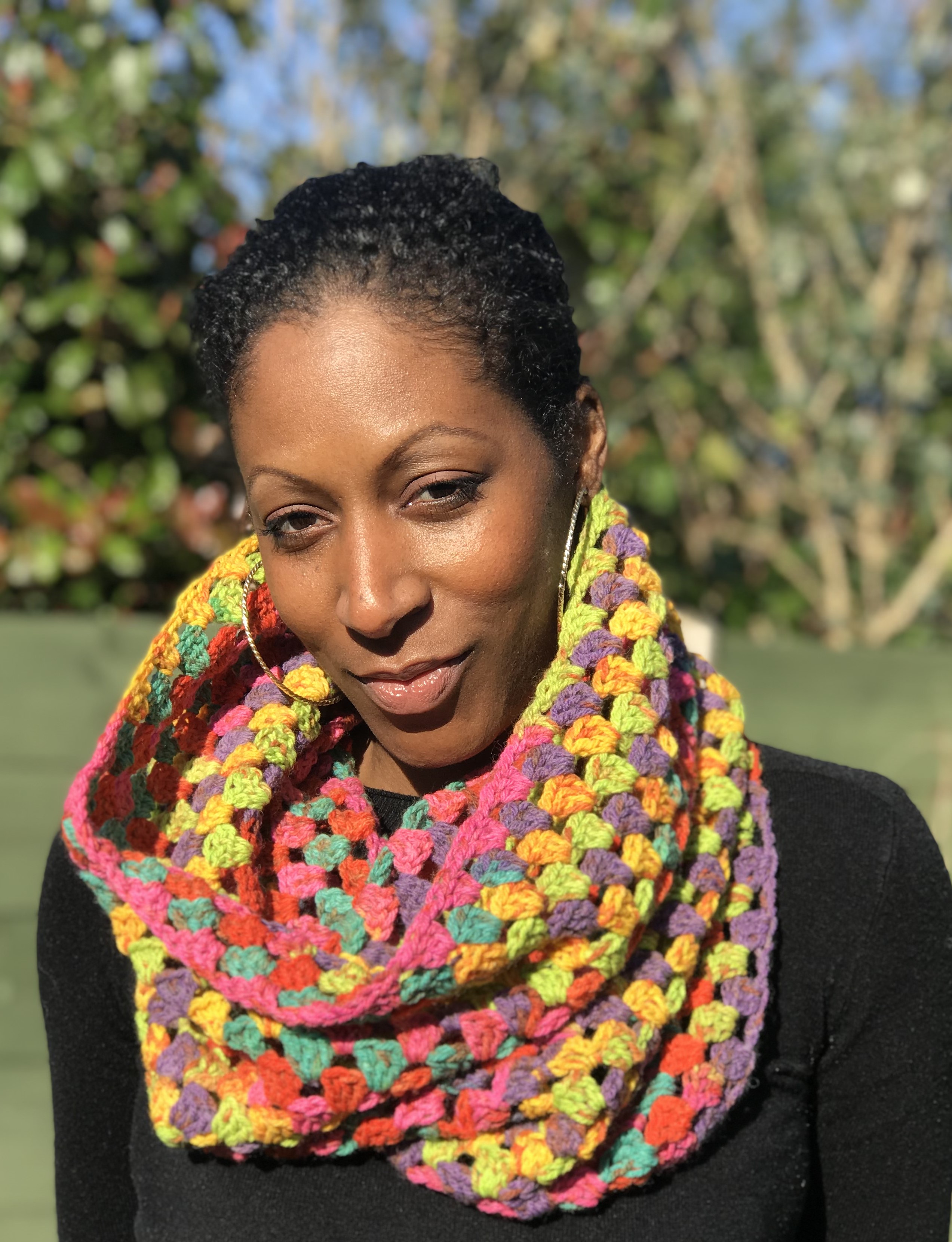 Colourful Crochet Hooded Scarf in Blended Wool and Cotton