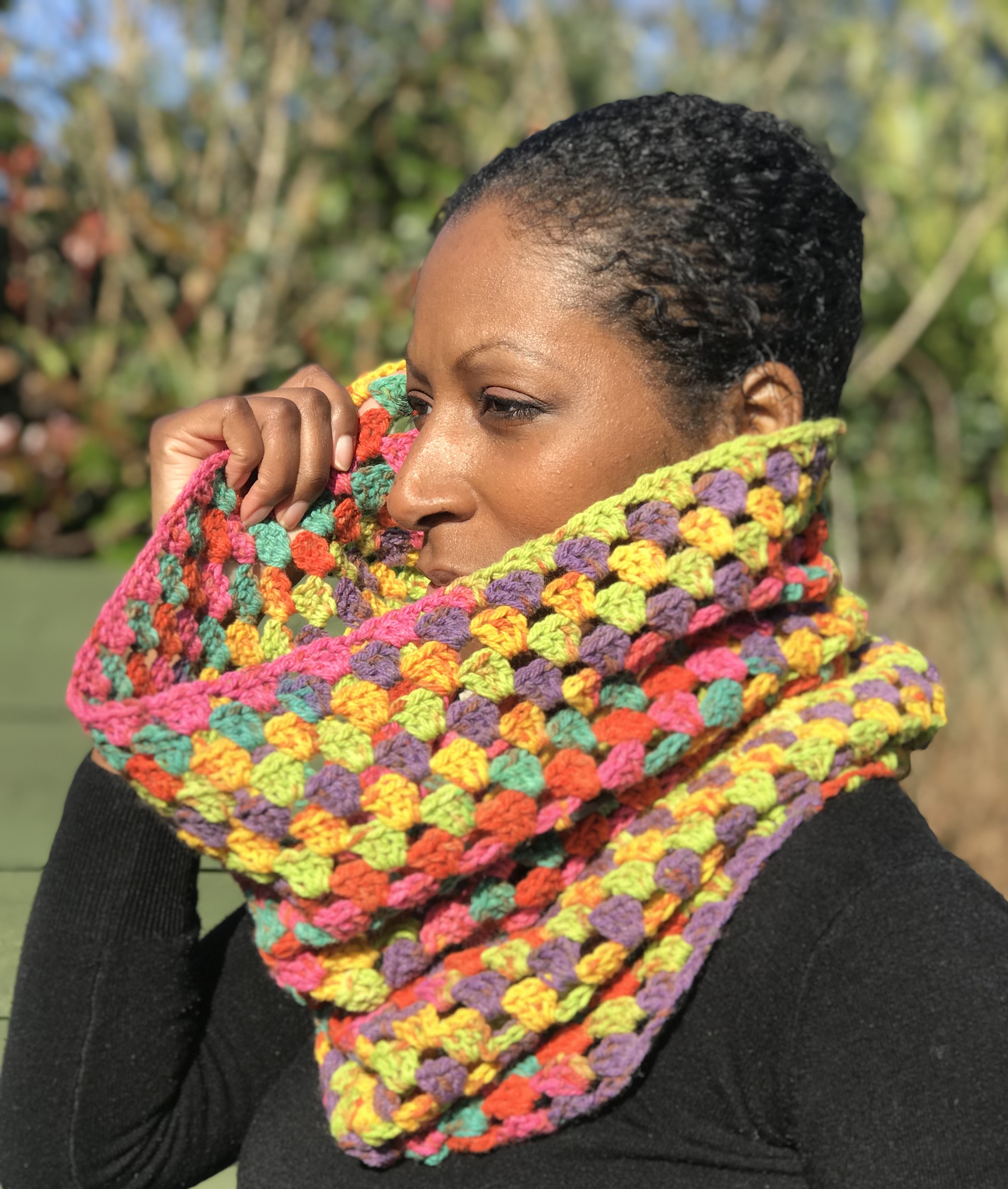 Colourful Crochet Hooded Scarf in Blended Wool and Cotton