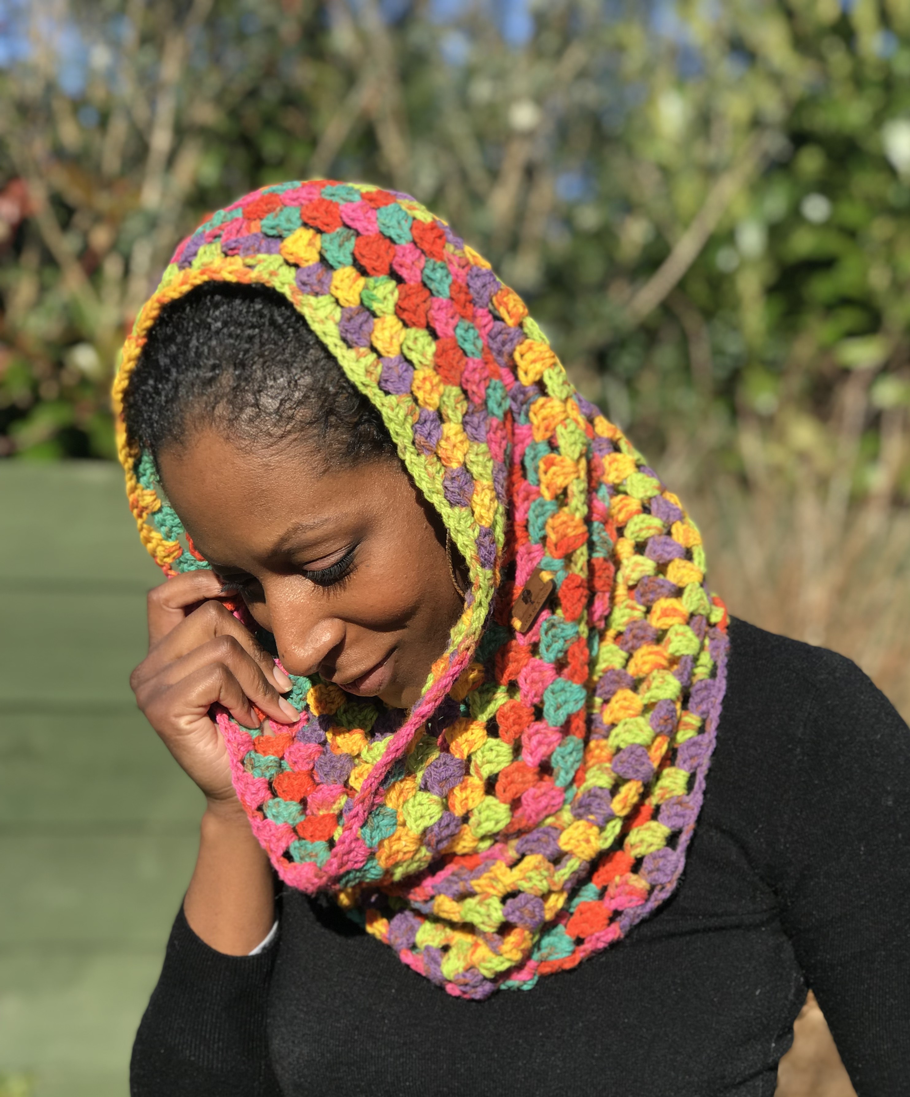 Colourful Crochet Hooded Scarf in Blended Wool and Cotton