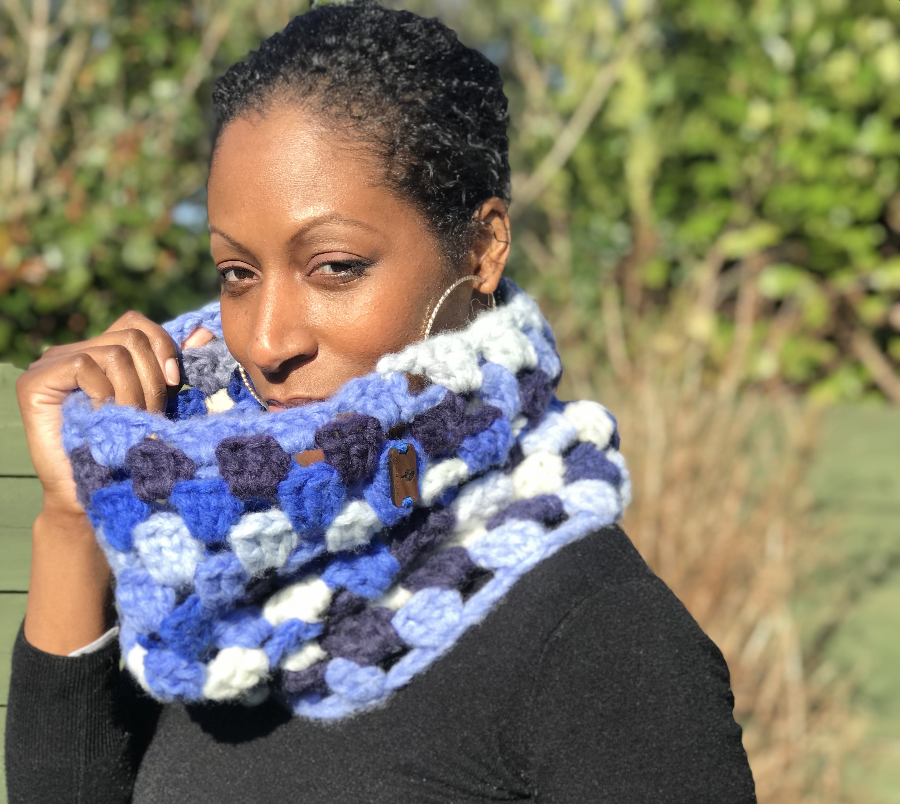 Blue Chunky Crocheted Neck Warmer in Blended Merino Wool