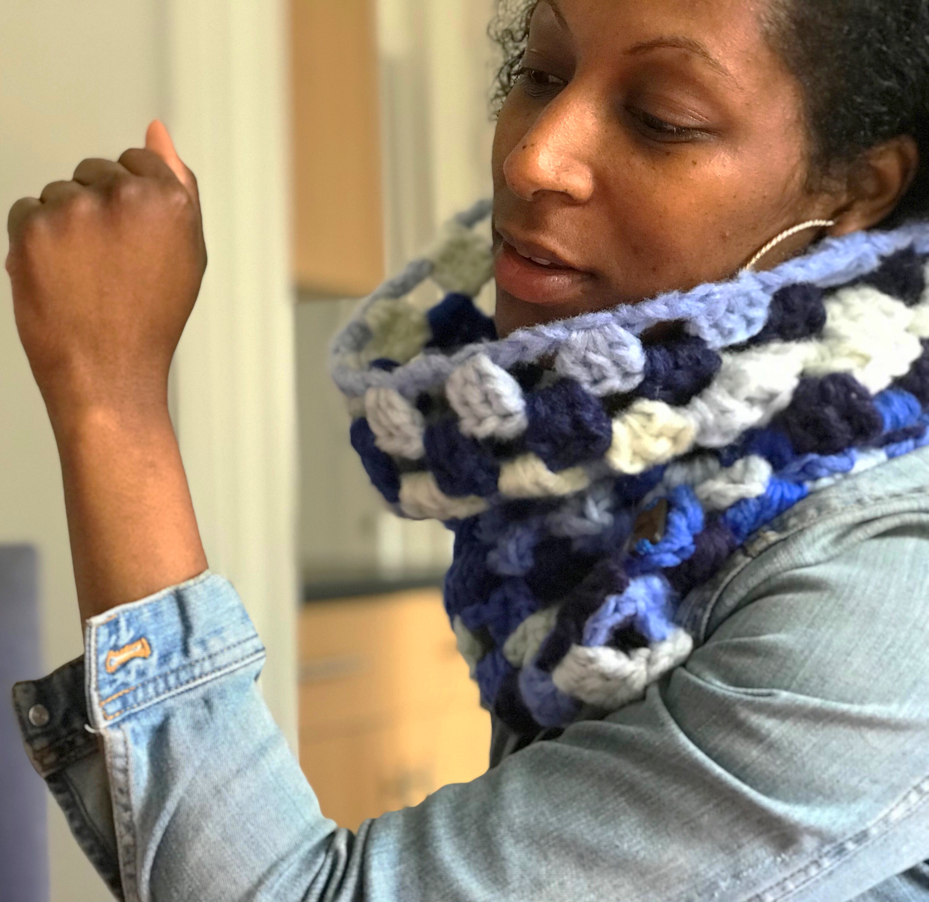 Blue Chunky Crocheted Neck Warmer in Blended Merino Wool  