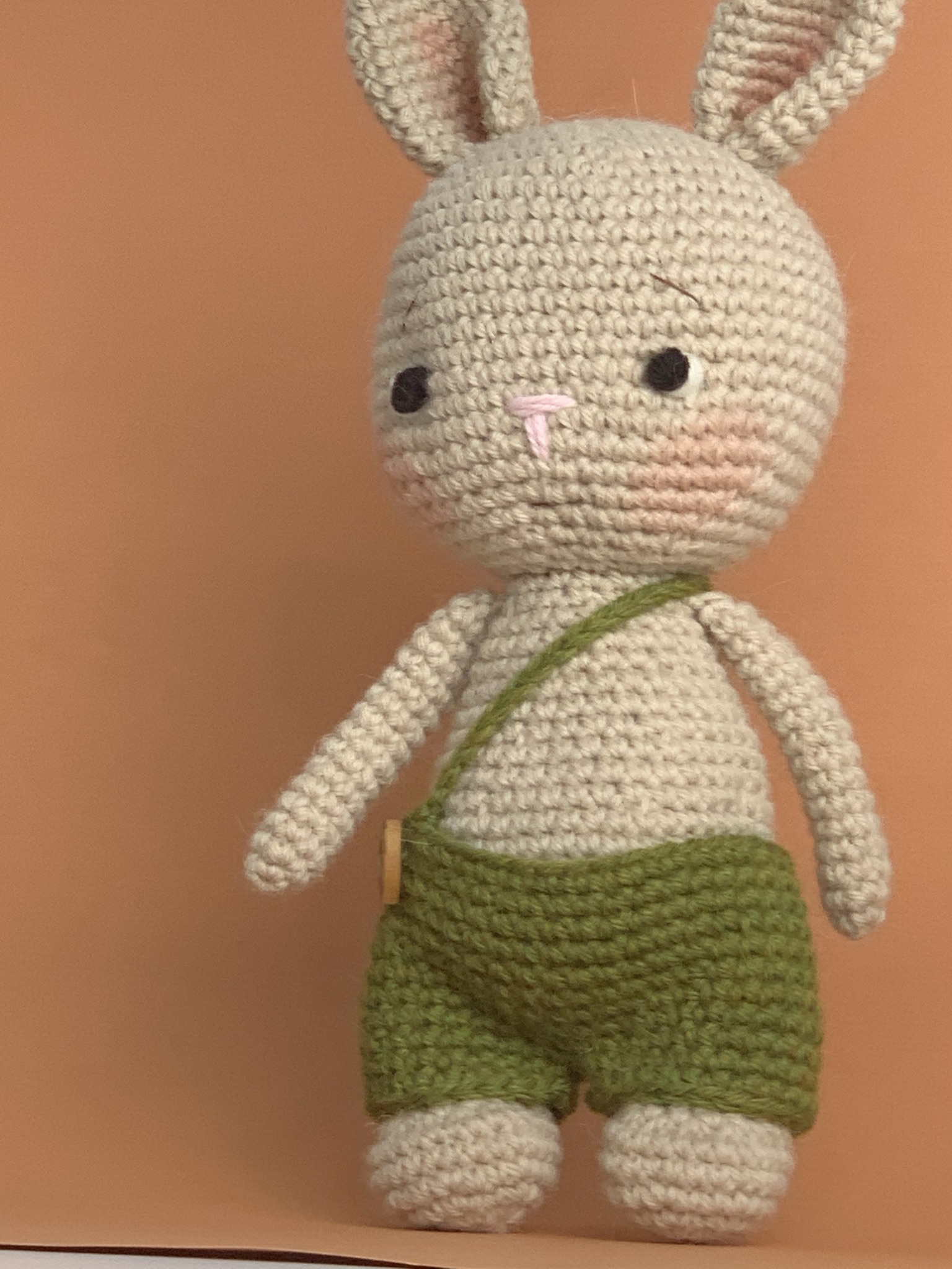 Handmade Crochet Bunny Doll wearing green overalls in 100% Alpaca Wool