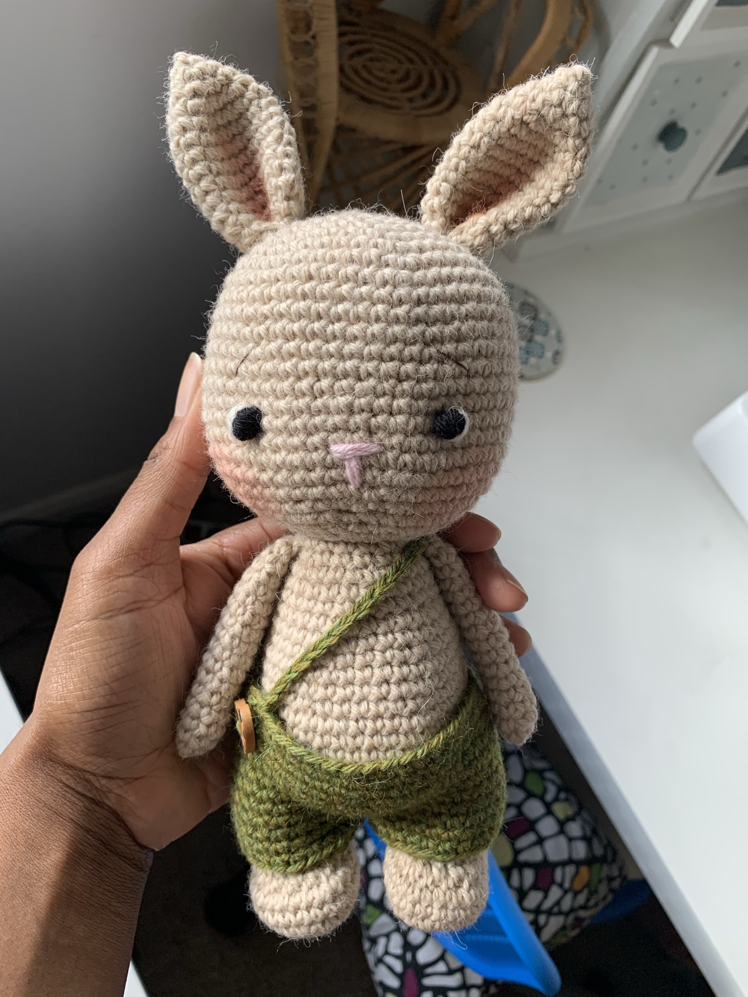 Handmade Crochet Bunny Doll wearing green overalls in 100% Alpaca Wool