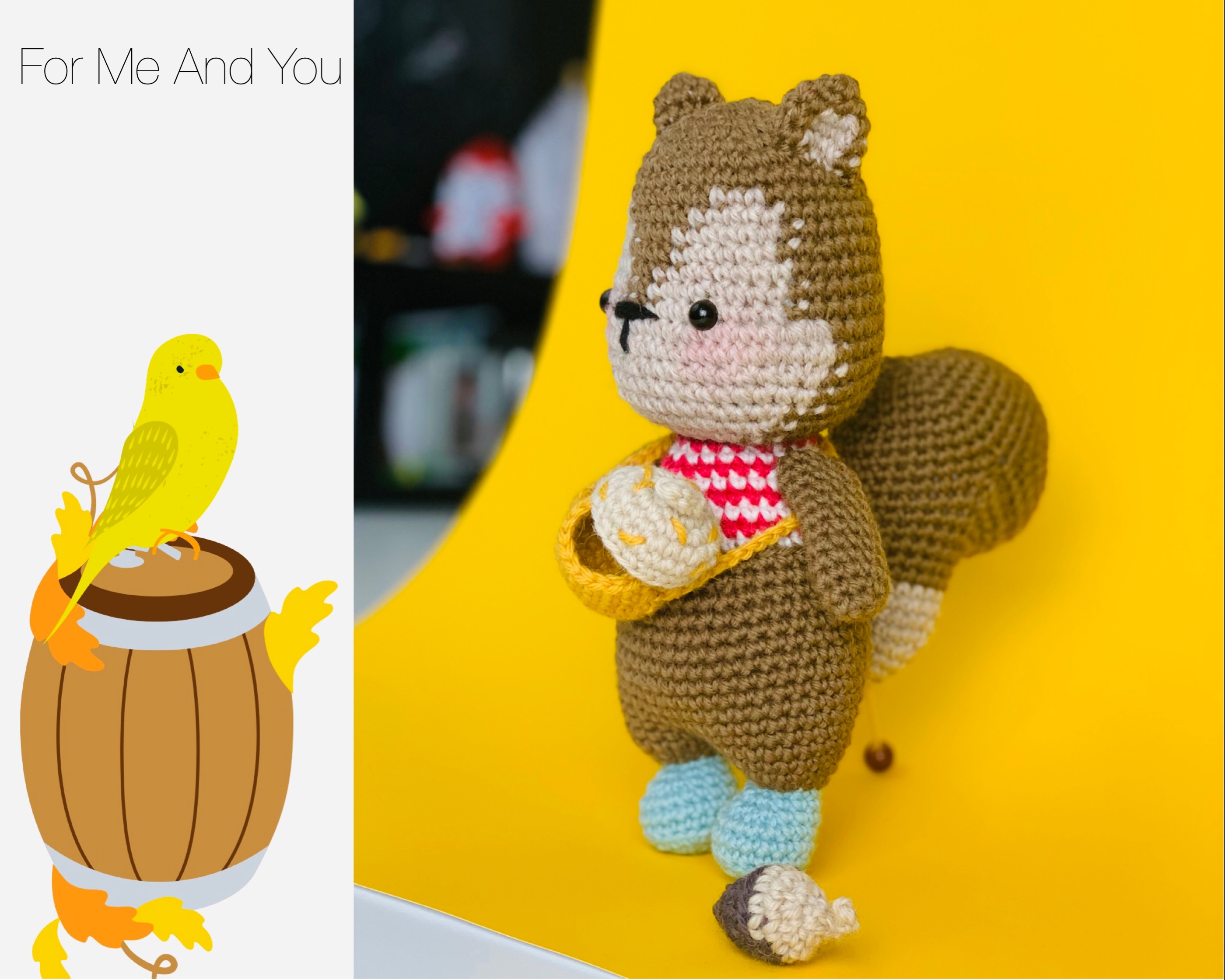 Handmade Crochet Squirrel Toy with a nut sling bag and its acorn in 100% Merino Wool