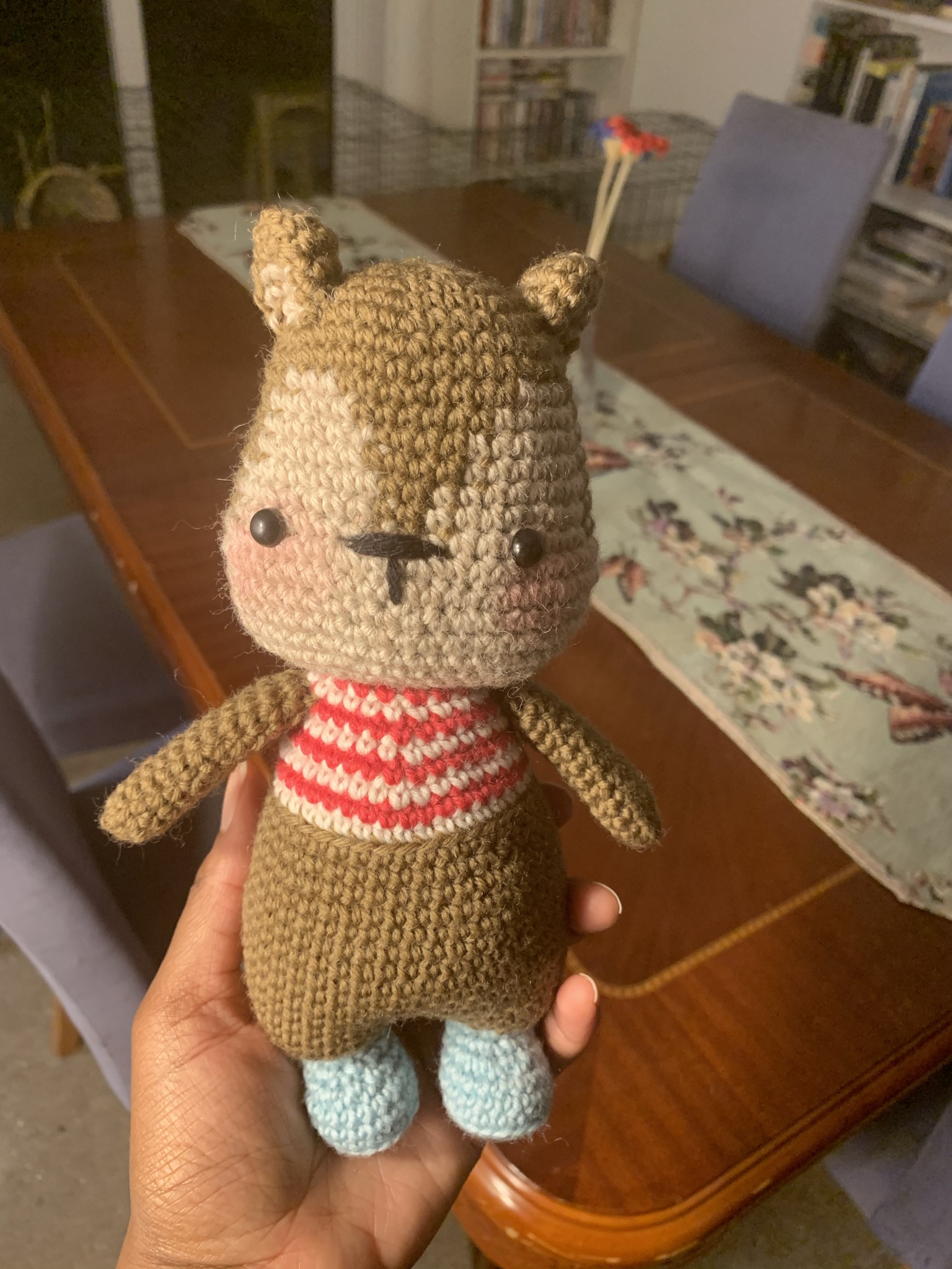 Handmade Crochet Squirrel Toy with a nut sling bag and its acorn in 100% Merino Wool