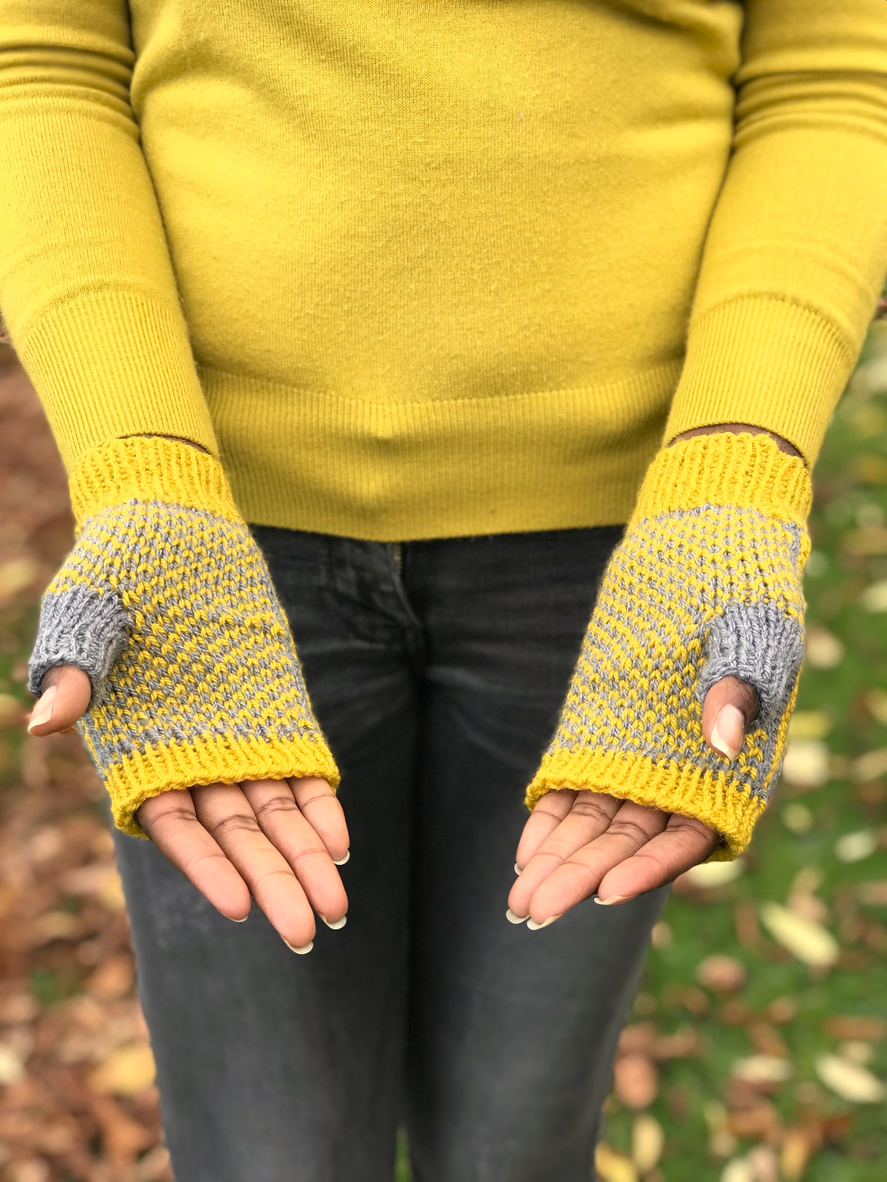 Hand-Knit Yellow Fingerless Gloves in 100% Merino Wool 