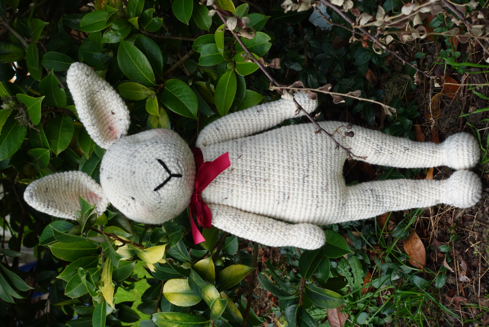 Large size - Handmade Crochet Bunny with its red bow in 100% luxurious Wool - White