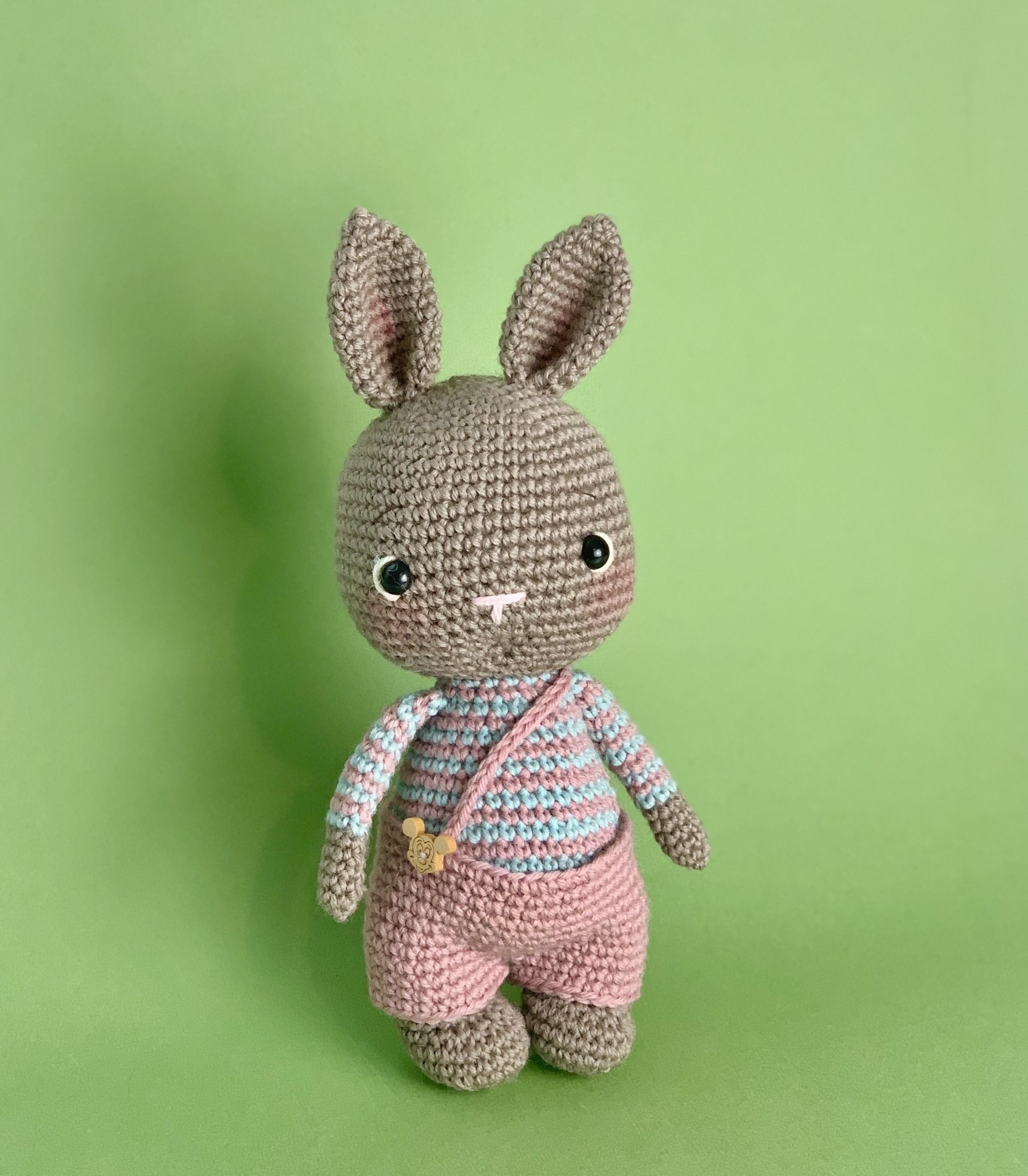 Handmade Crochet Bunny Doll in pink overalls in 100% Merino Wool