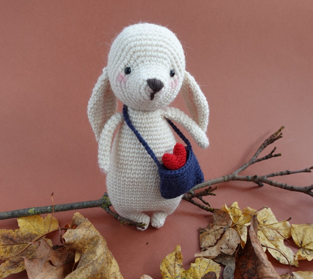 Handmade Crochet Bunny Toy with its Bag and a Red Heart