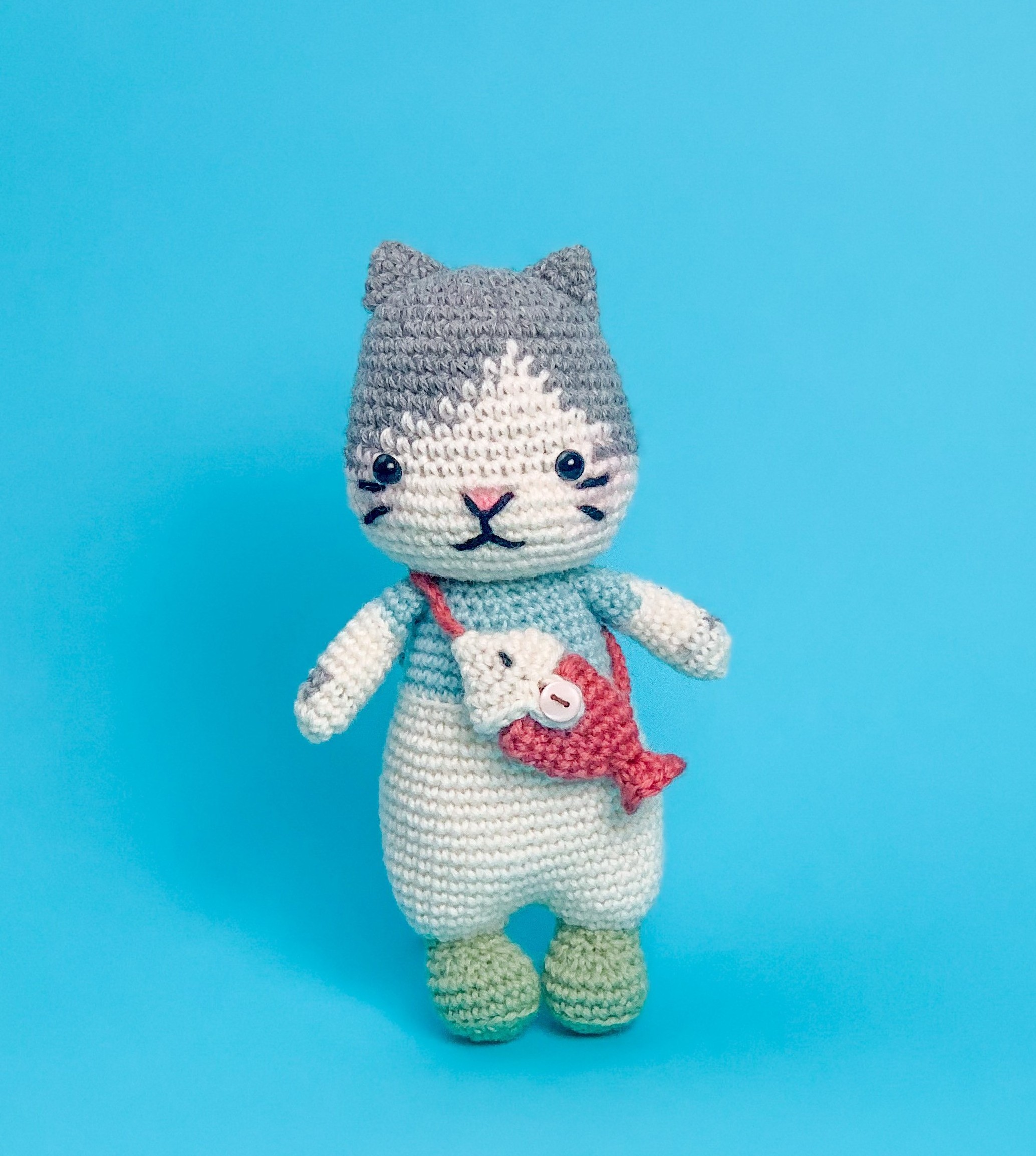 Handmade Crochet Cat Doll and its fish sling bag in 100% Merino Wool