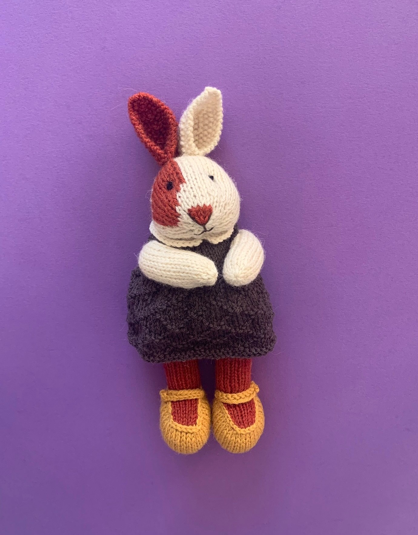 Handmade Knitted Bunny Doll with a purple dress in 100% Alpaca Wool