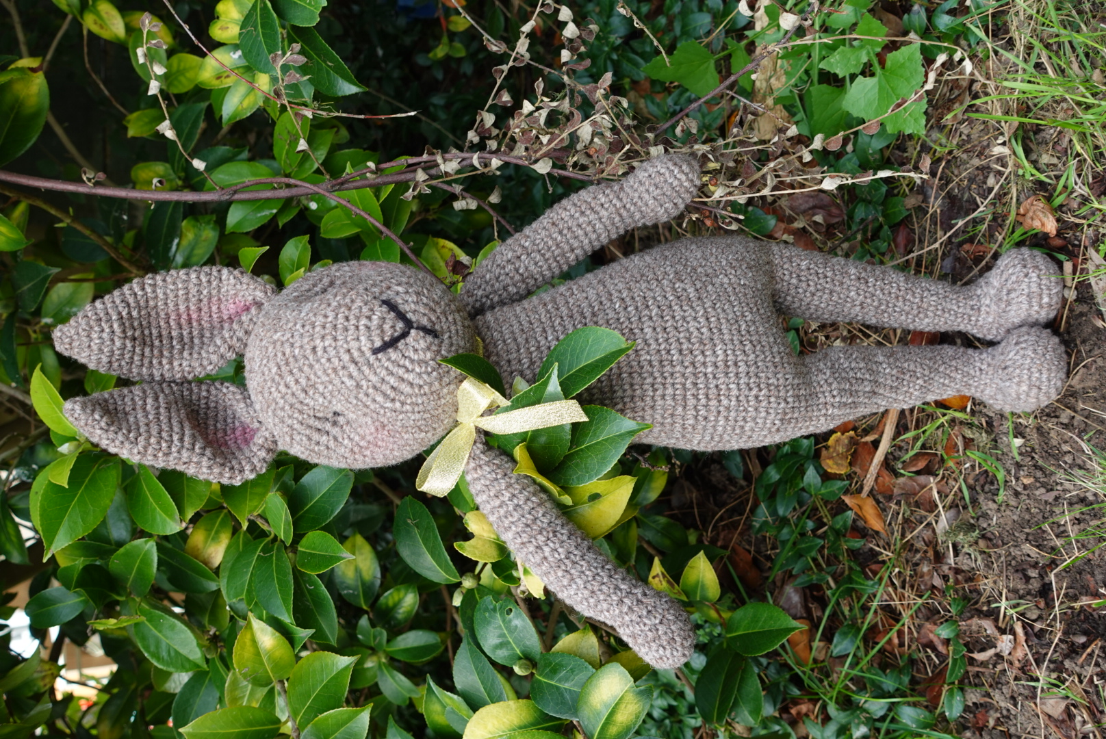 Large size - Handmade Crochet Bunny with its yellow bow in 100% luxurious Wool - Grey