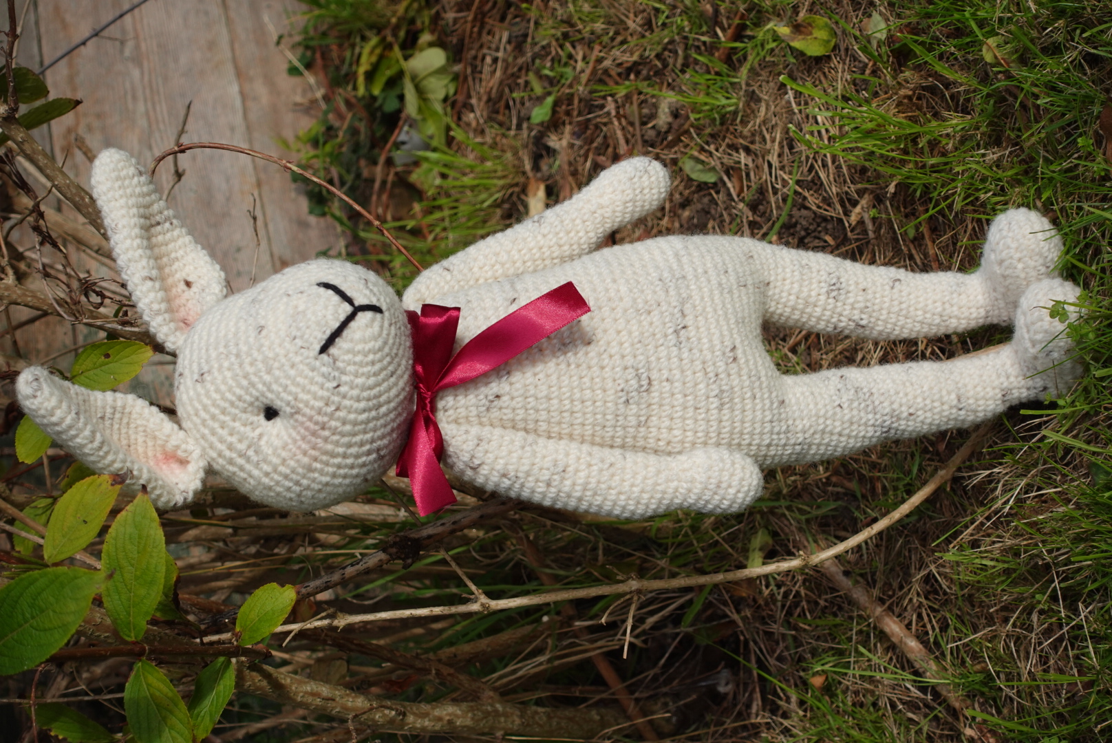 Large size - Handmade Crochet Bunny with its red bow in 100% luxurious Wool - White