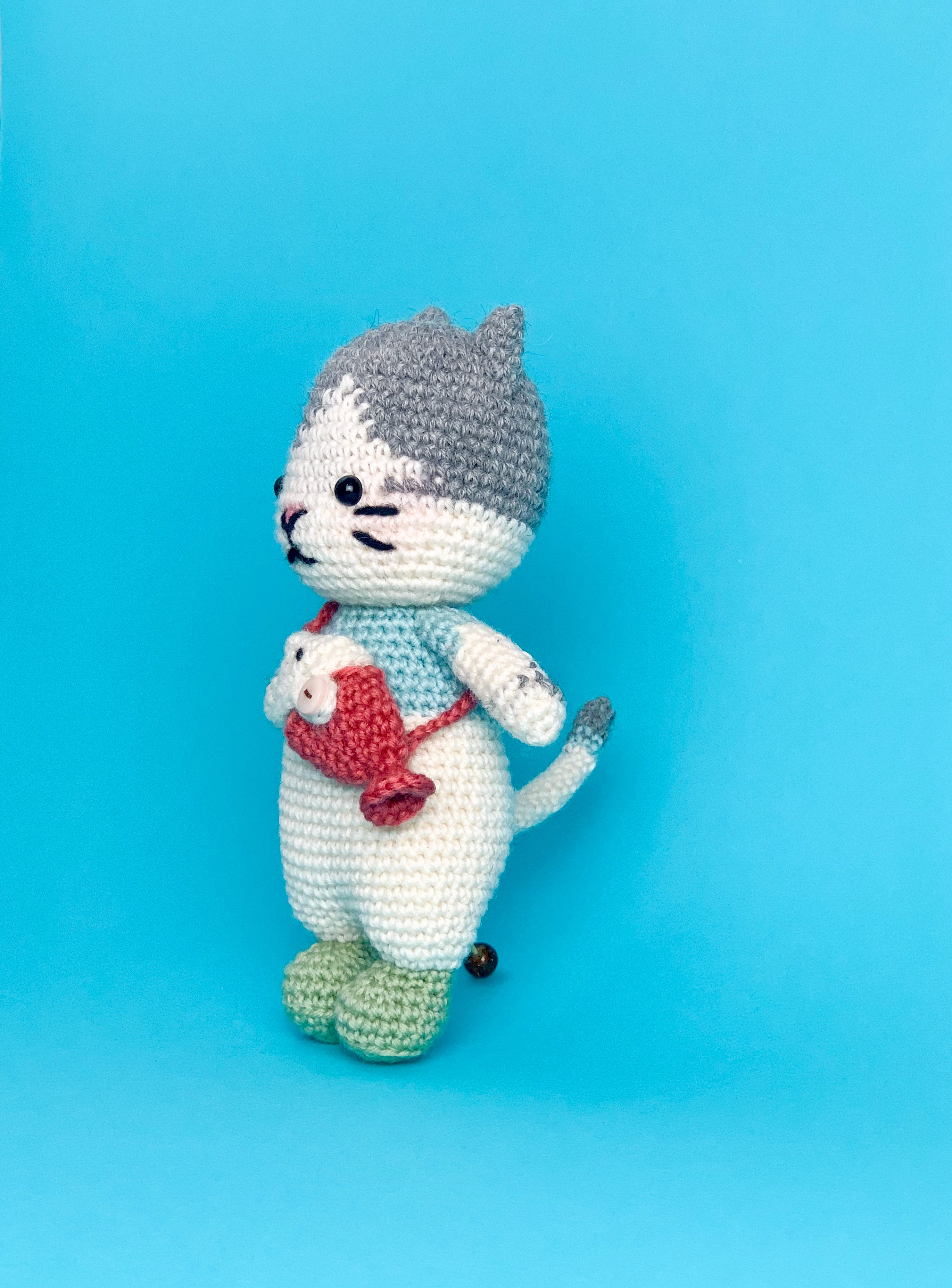 Handmade Crochet Cat Doll and its fish sling bag in 100% Merino Wool