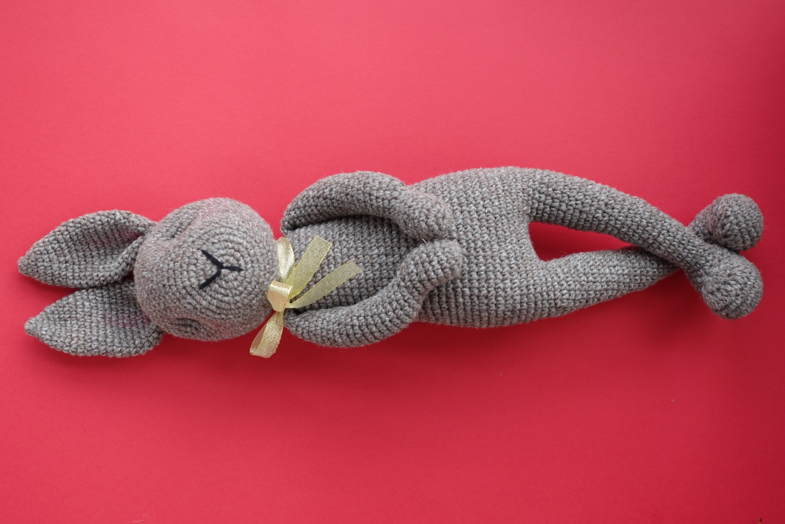 Large size - Handmade Crochet Bunny with its yellow bow in 100% luxurious Wool - Grey