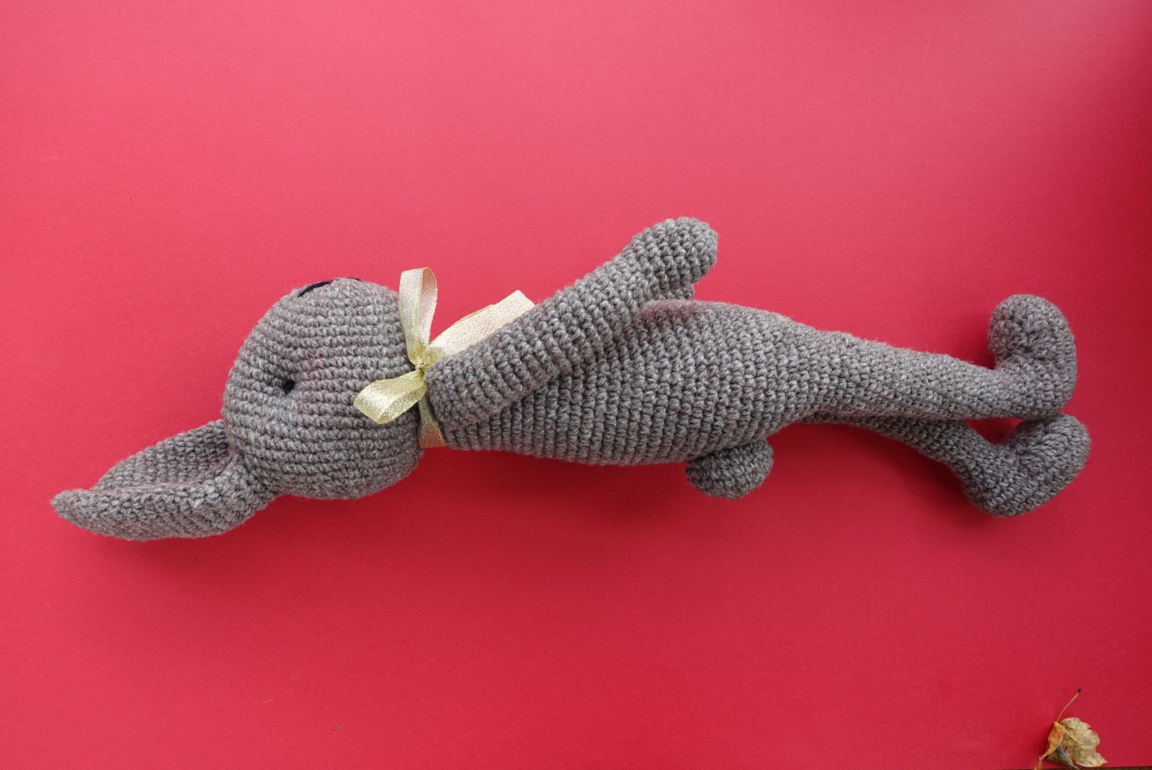 Large size - Handmade Crochet Bunny with its yellow bow in 100% luxurious Wool - Grey